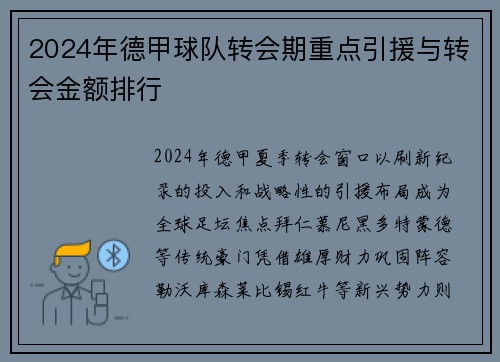 2024年德甲球队转会期重点引援与转会金额排行