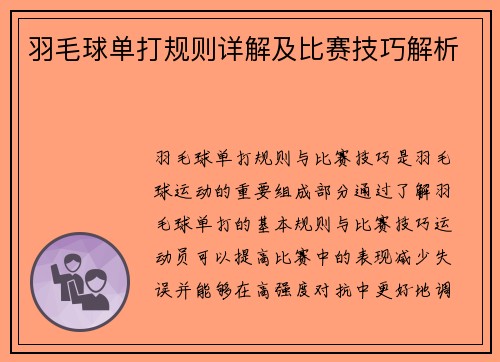 羽毛球单打规则详解及比赛技巧解析