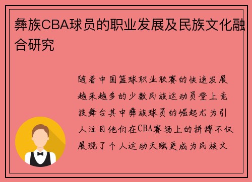 彝族CBA球员的职业发展及民族文化融合研究