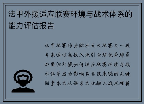 法甲外援适应联赛环境与战术体系的能力评估报告